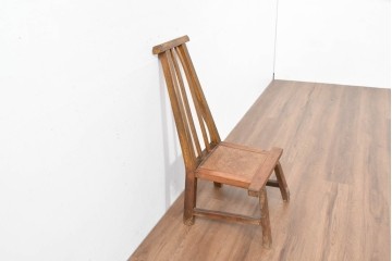 ジャンク品　中国アンティーク　民芸の趣　籐座面　二本縦桟のハイバックチャイナチェア　(R-084329)