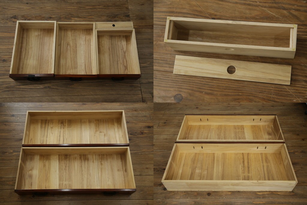 中古　美品　高級工芸家具　閂(かんぬき)付き　職人手作り!!重厚な手打ち金具に欅(ケヤキ)の風合いと漆の艶調和が目を惹く三国デザインの車箪笥　製作費推定250万円　(R-084337)