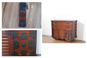 中古　美品　高級工芸家具　閂(かんぬき)付き　職人手作り!!重厚な手打ち金具に欅(ケヤキ)の風合いと漆の艶調和が目を惹く三国デザインの車箪笥(和タンス、収納箪笥、整理箪笥、戸棚、キャビネット)(製作費推定250万円)(R-084337)