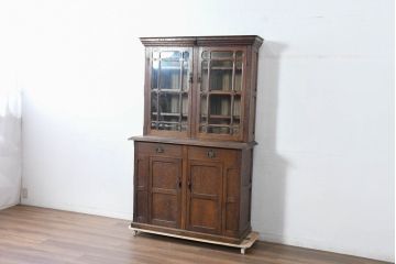 和製アンティーク　大正ロマン　良作　ナラ材　凝ったデザインの二段重ねキャビネット(食器棚、カップボード、収納棚、戸棚、上下バラ売り可能)(R-084342)