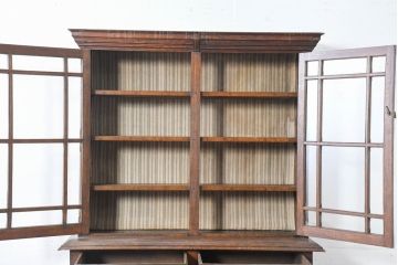 和製アンティーク　大正ロマン　良作　ナラ材　凝ったデザインの二段重ねキャビネット(食器棚、カップボード、収納棚、戸棚、上下バラ売り可能)(R-084342)