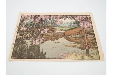 真作　後摺り　昭和10年吉田博作　「藤之庭」　優美な情景が広がる木版画　(R-084362)