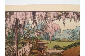 真作　後摺り　昭和10年吉田博作　「藤之庭」　優美な情景が広がる木版画　(R-084362)