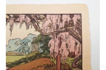 真作　後摺り　昭和10年吉田博作　「藤之庭」　優美な情景が広がる木版画　(R-084362)