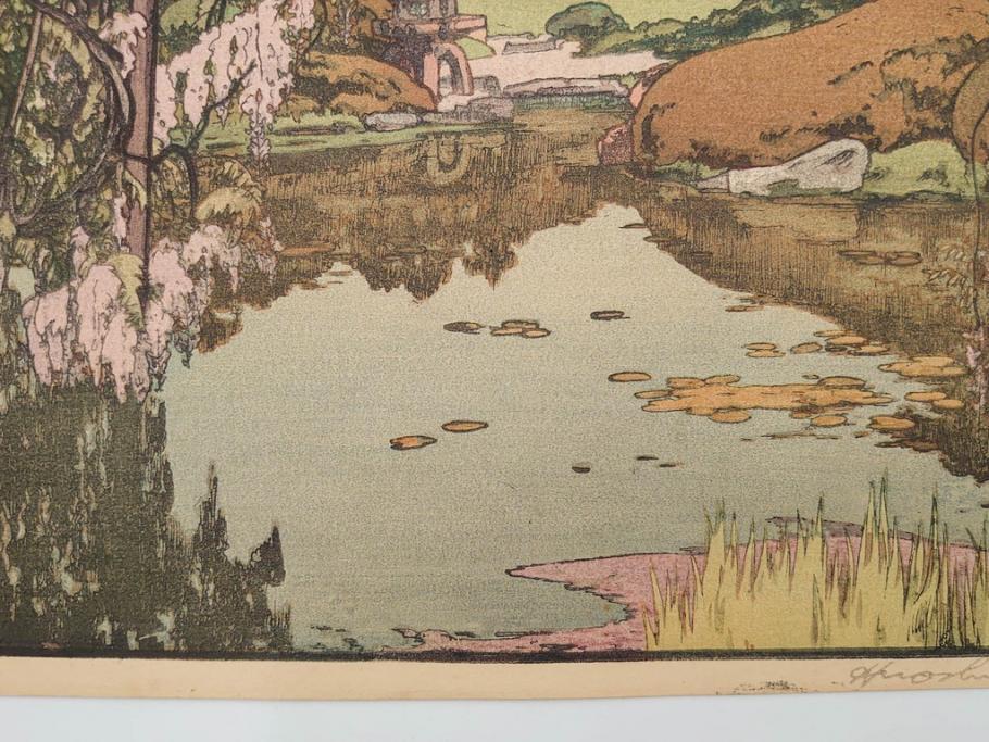 真作　後摺り　昭和10年吉田博作　「藤之庭」　優美な情景が広がる木版画　(R-084362)