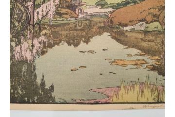 真作　後摺り　昭和10年吉田博作　「藤之庭」　優美な情景が広がる木版画　(R-084362)