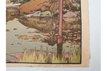 真作　後摺り　昭和10年吉田博作　「藤之庭」　優美な情景が広がる木版画　(R-084362)