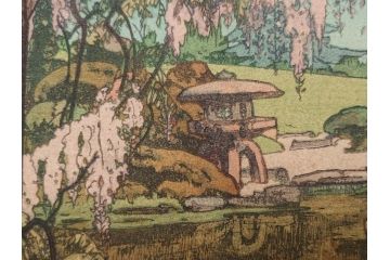 真作　後摺り　昭和10年吉田博作　「藤之庭」　優美な情景が広がる木版画　(R-084362)