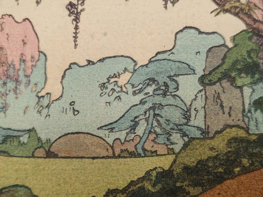 真作　後摺り　昭和10年吉田博作　「藤之庭」　優美な情景が広がる木版画　(R-084362)