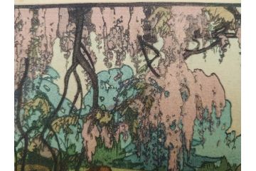 真作　後摺り　昭和10年吉田博作　「藤之庭」　優美な情景が広がる木版画　(R-084362)