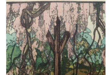 真作　後摺り　昭和10年吉田博作　「藤之庭」　優美な情景が広がる木版画　(R-084362)