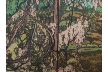 真作　後摺り　昭和10年吉田博作　「藤之庭」　優美な情景が広がる木版画　(R-084362)