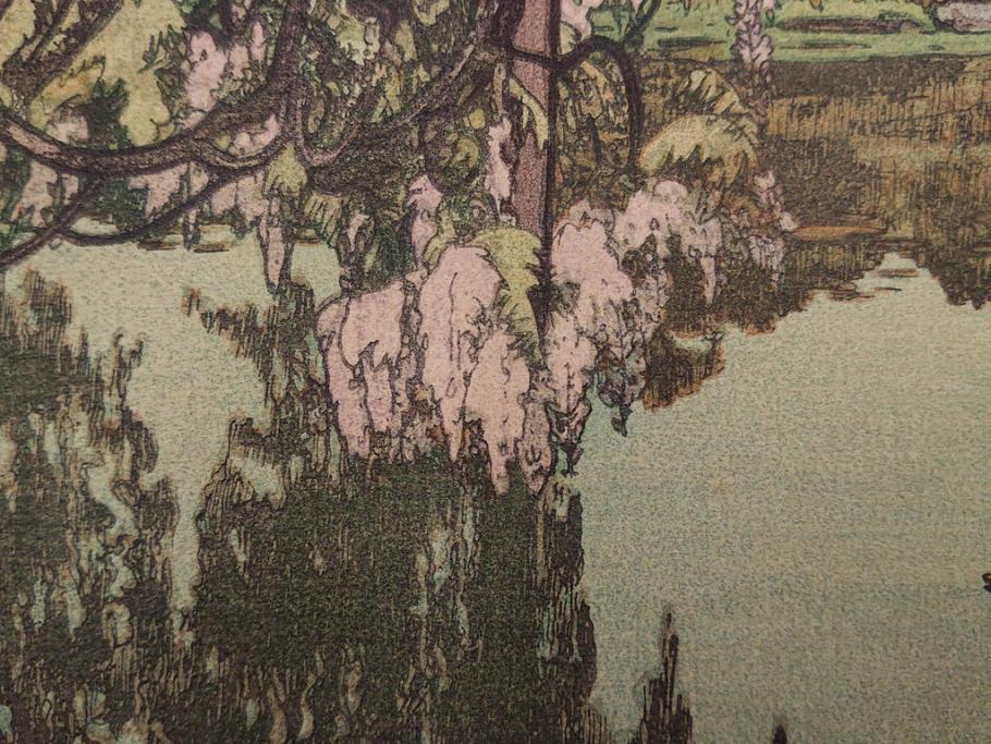 真作　後摺り　昭和10年吉田博作　「藤之庭」　優美な情景が広がる木版画　(R-084362)