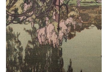 真作　後摺り　昭和10年吉田博作　「藤之庭」　優美な情景が広がる木版画　(R-084362)