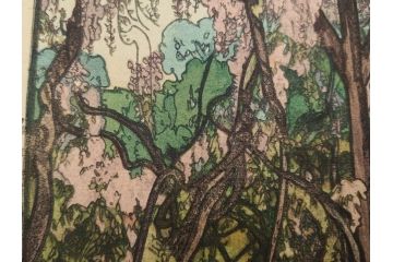 真作　後摺り　昭和10年吉田博作　「藤之庭」　優美な情景が広がる木版画　(R-084362)