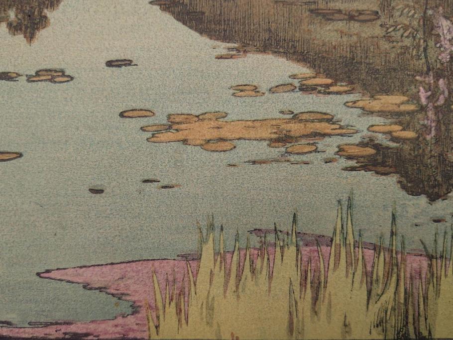 真作　後摺り　昭和10年吉田博作　「藤之庭」　優美な情景が広がる木版画　(R-084362)