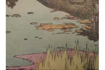 真作　後摺り　昭和10年吉田博作　「藤之庭」　優美な情景が広がる木版画　(R-084362)