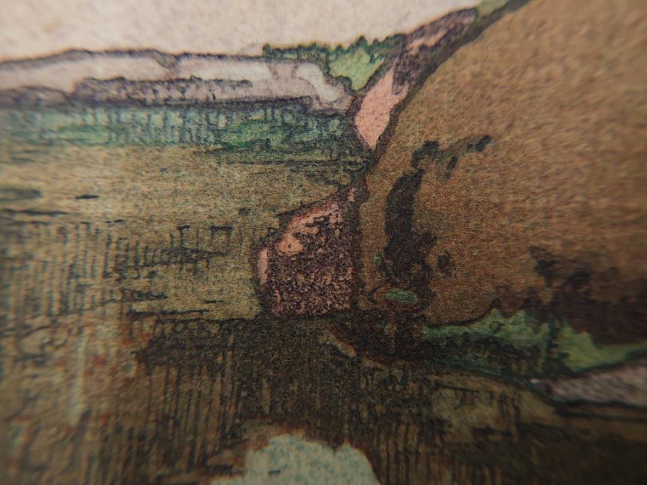 真作　後摺り　昭和10年吉田博作　「藤之庭」　優美な情景が広がる木版画　(R-084362)