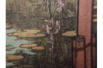 真作　後摺り　昭和10年吉田博作　「藤之庭」　優美な情景が広がる木版画　(R-084362)