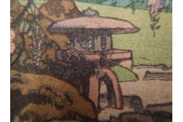 真作　後摺り　昭和10年吉田博作　「藤之庭」　優美な情景が広がる木版画　(R-084362)