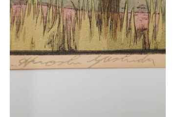 真作　後摺り　昭和10年吉田博作　「藤之庭」　優美な情景が広がる木版画　(R-084362)