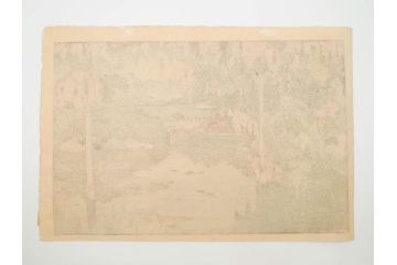 真作　後摺り　昭和10年吉田博作　「藤之庭」　優美な情景が広がる木版画　(R-084362)