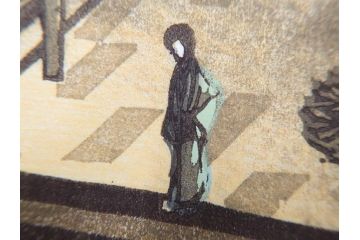 真作　後摺り　山高登　「湯島女坂」　41/100　情緒ある街並みを描いた木版画　(R-084363)