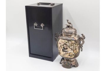 明治期　芝山象嵌　花鳥図　双龍耳　一琴刻　螺鈿　純銀　七宝　共箱　精緻な職人技と芸術性が融合した見事な香炉(芝山細工、彫刻、香爐、仏具、茶道具)(R-084370)