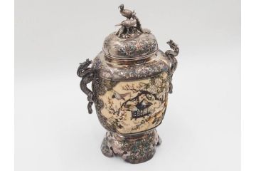 明治期　芝山象嵌　花鳥図　双龍耳　一琴刻　螺鈿　純銀　七宝　共箱　精緻な職人技と芸術性が融合した見事な香炉(芝山細工、彫刻、香爐、仏具、茶道具)(R-084370)