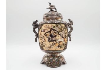 明治期　芝山象嵌　花鳥図　双龍耳　一琴刻　螺鈿　純銀　七宝　共箱　精緻な職人技と芸術性が融合した見事な香炉(芝山細工、彫刻、香爐、仏具、茶道具)(R-084370)