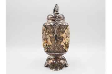 明治期　芝山象嵌　花鳥図　双龍耳　一琴刻　螺鈿　純銀　七宝　共箱　精緻な職人技と芸術性が融合した見事な香炉(芝山細工、彫刻、香爐、仏具、茶道具)(R-084370)