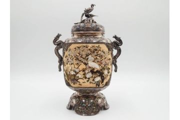 明治期　芝山象嵌　花鳥図　双龍耳　一琴刻　螺鈿　純銀　七宝　共箱　精緻な職人技と芸術性が融合した見事な香炉(芝山細工、彫刻、香爐、仏具、茶道具)(R-084370)