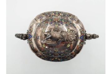 明治期　芝山象嵌　花鳥図　双龍耳　一琴刻　螺鈿　純銀　七宝　共箱　精緻な職人技と芸術性が融合した見事な香炉(芝山細工、彫刻、香爐、仏具、茶道具)(R-084370)