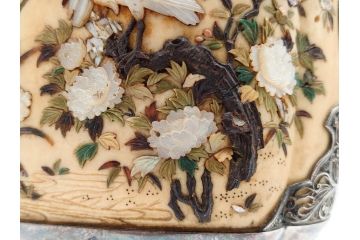 明治期　芝山象嵌　花鳥図　双龍耳　一琴刻　螺鈿　純銀　七宝　共箱　精緻な職人技と芸術性が融合した見事な香炉(芝山細工、彫刻、香爐、仏具、茶道具)(R-084370)