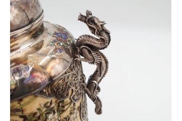 明治期　芝山象嵌　花鳥図　双龍耳　一琴刻　螺鈿　純銀　七宝　共箱　精緻な職人技と芸術性が融合した見事な香炉(芝山細工、彫刻、香爐、仏具、茶道具)(R-084370)