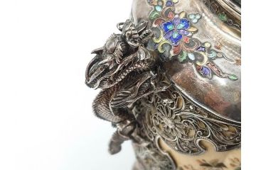明治期　芝山象嵌　花鳥図　双龍耳　一琴刻　螺鈿　純銀　七宝　共箱　精緻な職人技と芸術性が融合した見事な香炉(芝山細工、彫刻、香爐、仏具、茶道具)(R-084370)