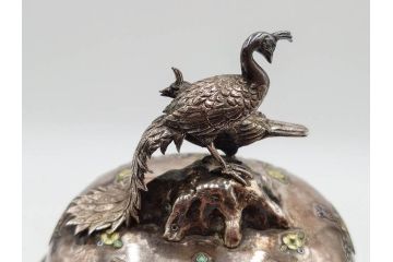 明治期　芝山象嵌　花鳥図　双龍耳　一琴刻　螺鈿　純銀　七宝　共箱　精緻な職人技と芸術性が融合した見事な香炉(芝山細工、彫刻、香爐、仏具、茶道具)(R-084370)
