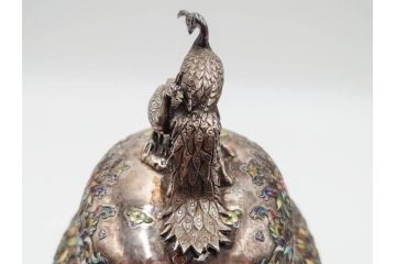 明治期　芝山象嵌　花鳥図　双龍耳　一琴刻　螺鈿　純銀　七宝　共箱　精緻な職人技と芸術性が融合した見事な香炉(芝山細工、彫刻、香爐、仏具、茶道具)(R-084370)