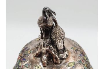 明治期　芝山象嵌　花鳥図　双龍耳　一琴刻　螺鈿　純銀　七宝　共箱　精緻な職人技と芸術性が融合した見事な香炉(芝山細工、彫刻、香爐、仏具、茶道具)(R-084370)