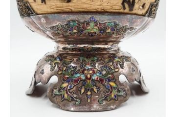 明治期　芝山象嵌　花鳥図　双龍耳　一琴刻　螺鈿　純銀　七宝　共箱　精緻な職人技と芸術性が融合した見事な香炉(芝山細工、彫刻、香爐、仏具、茶道具)(R-084370)