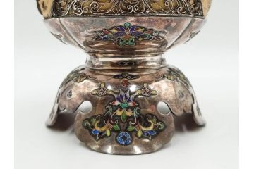 明治期　芝山象嵌　花鳥図　双龍耳　一琴刻　螺鈿　純銀　七宝　共箱　精緻な職人技と芸術性が融合した見事な香炉(芝山細工、彫刻、香爐、仏具、茶道具)(R-084370)