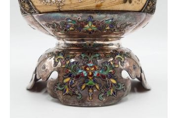 明治期　芝山象嵌　花鳥図　双龍耳　一琴刻　螺鈿　純銀　七宝　共箱　精緻な職人技と芸術性が融合した見事な香炉(芝山細工、彫刻、香爐、仏具、茶道具)(R-084370)