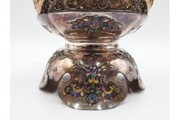 明治期　芝山象嵌　花鳥図　双龍耳　一琴刻　螺鈿　純銀　七宝　共箱　精緻な職人技と芸術性が融合した見事な香炉(芝山細工、彫刻、香爐、仏具、茶道具)(R-084370)