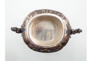 明治期　芝山象嵌　花鳥図　双龍耳　一琴刻　螺鈿　純銀　七宝　共箱　精緻な職人技と芸術性が融合した見事な香炉(芝山細工、彫刻、香爐、仏具、茶道具)(R-084370)