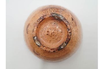 十二代　田原陶兵衛　萩焼　約14cm　4.6寸　素朴ながらも深い味わいを持つ萩茶碗(茶道具、抹茶碗、茶器、茶陶、和食器、裏印、共箱付、四寸六分)(R-084372)