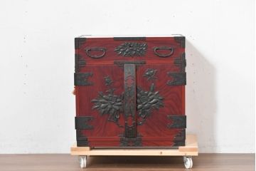 和製ビンテージ　木地呂塗り　閂(かんぬき)付き　味わい深い色合いが魅力のカラクリ付き仙台小箪笥(仙台箪笥、収納箪笥、和たんす、整理タンス、引き出し、ヴィンテージ)(R-084385)