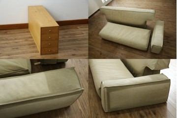 中古　広松木工　コルニーチェ(CORNICE)　ブロックワンアーム　ドロワータイプ　木の温もりと収納力を備えた機能美あふれる2.5人掛けソファ　定価約83万円相当　(R-084406)