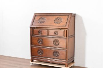 中国ビンテージ　花梨(カリン)材　唐木　寿字文(じゅじもん)入り　縁起の良い彫刻装飾が施されたライティングビューロー(簿記机、ワークデスク、在宅用、在宅ワーク用、サイドチェスト、引き出し、ヴィンテージ)(R-084409)