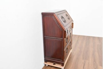 中国ビンテージ　花梨(カリン)材　唐木　寿字文(じゅじもん)入り　縁起の良い彫刻装飾が施されたライティングビューロー(簿記机、ワークデスク、在宅用、在宅ワーク用、サイドチェスト、引き出し、ヴィンテージ)(R-084409)