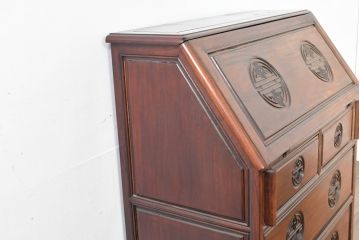 中国ビンテージ　花梨(カリン)材　唐木　寿字文(じゅじもん)入り　縁起の良い彫刻装飾が施されたライティングビューロー(簿記机、ワークデスク、在宅用、在宅ワーク用、サイドチェスト、引き出し、ヴィンテージ)(R-084409)